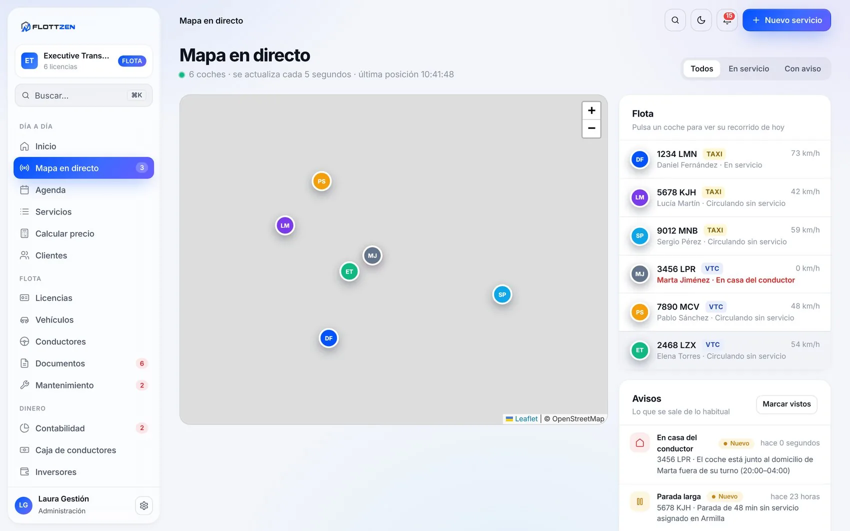 Mapa con la posición de los coches